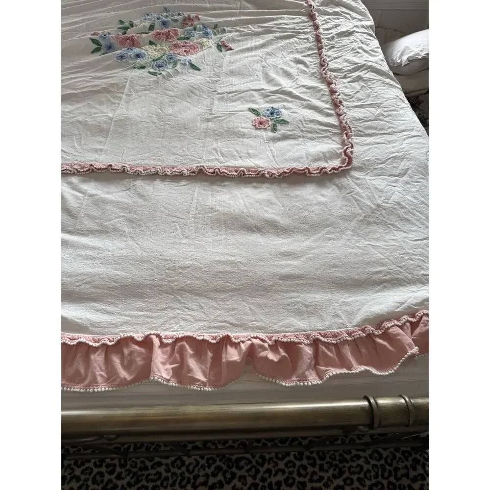 1950's Floral Chenille Bedspread 104”X 96” Shabby Chic Cottagecore Needle Tuft
